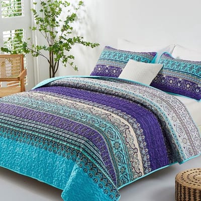 Solvix Sprei 240 x 260 cm Boho-stijl gewatteerd tweepersoonsbed Microvezel dekbed Gewatteerde deken 3-delige deken met 2 kussenslopen 50 x 75 cm voor slaapkamer (Bohemian)