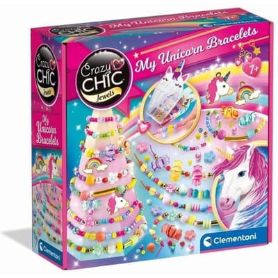 Clementoni - Crazy Chic - Coffret créatif Licorne - Créer tes bracelets en perles colorés avec charms et pompoms - Dés 7ans