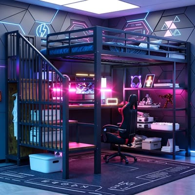 IJzeren Hoogslaper 140 × 200 Cm, Tweepersoonsbed Lang Bureau En Lang Prikbord, Klein Driehoekig Plankje Met Stopcontacten En Ledstrip, Opbergvakken Met Meerdere Niveaus, Hoge Reling-Zwart