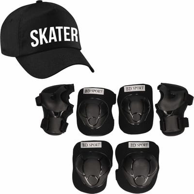 Set van valbescherming voor kinderen maat L / 9 tot 10 jaar met een stoere SKATER pet zwart