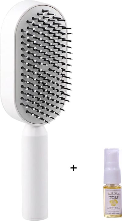 Aurgan 3D Haarborstel - Zelfreinigend met Eén Knop - Grijs - zachte kussen - Comfortabele haarborstel - antiklit - inclusief 10ml Aurgan haarolie