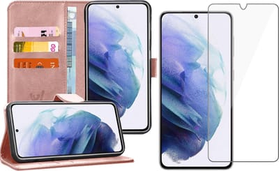 Hoesje geschikt voor Samsung Galaxy S21 Plus - Screen Protector GlassGuard - Book Case Kunstleer Pasjeshouder Rosegoud & Screenprotector