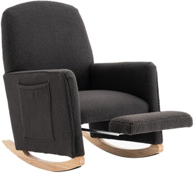 Schommelstoel met kruk, relaxstoel met voetenbank, schommelstoel voor binnen met hoge rugleuning voor de woonkamer, teddystof, grijs