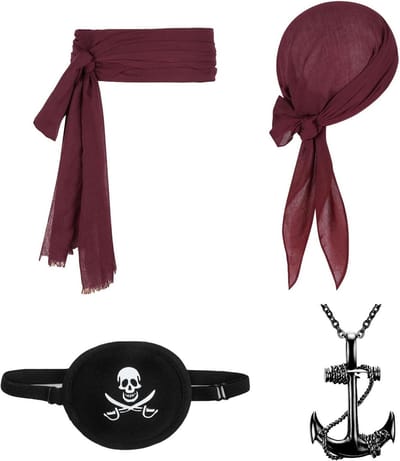 4-delige Piraten Kostuum Accessoires Set met Bandana, Sash, Ooglap en Hanger voor Halloween en Verkleedfeest