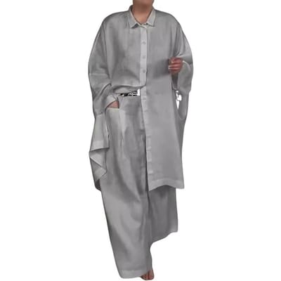 Costume Élégant pour Femmes Collection Blouse Pantalon avec Revers Boutonnée Élastique à la Taille Pantalon Style Ol pour le Bureau à l'Automne M gris