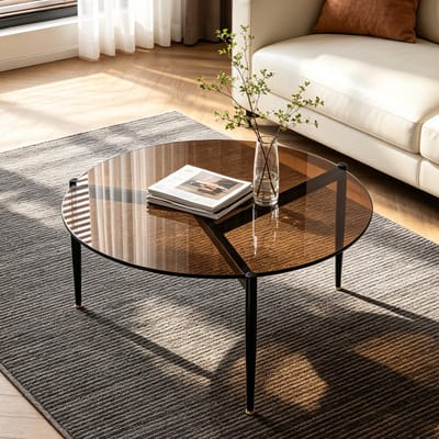 Artloge Salontafel Rond - 80 x 40 cm - Getint Bruin Gehard Glas - Zwart Metalen Frame
