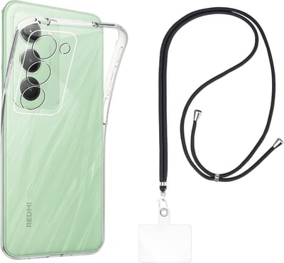 Set met hoesje en nekband voor xiaomi redmi note 15 4g/5g - Flexibele, transparante TPU-bescherming, verstelbare universele nekband voor mobiele telefoons, zwarte nekband, transparante draagriem van Phonillico®