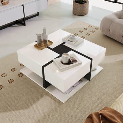Hoogglans Salontafel - Tafel met 4 Laden - Unieke Kleurafstemming en Lijnontwerp - Grote Opbergruimte - 78x78x36 cm - MDF - Zwart/Wit