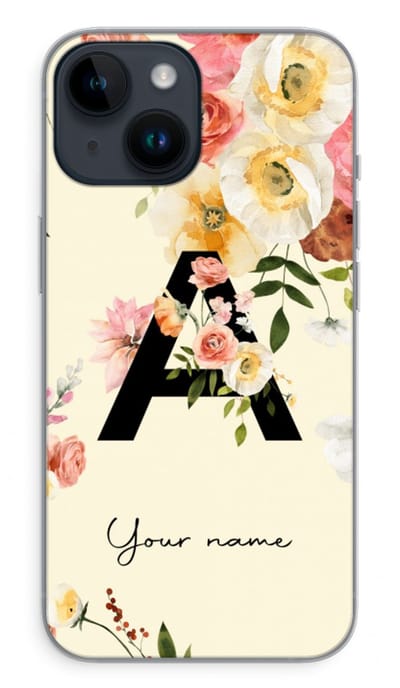 Gepersonaliseerd - Case Company® - Hoesje geschikt voor iPhone 14 hoesje - Flirty Flowers Monogram - Soft Cover Telefoonhoesje - Bescherming aan alle Kanten en Schermrand