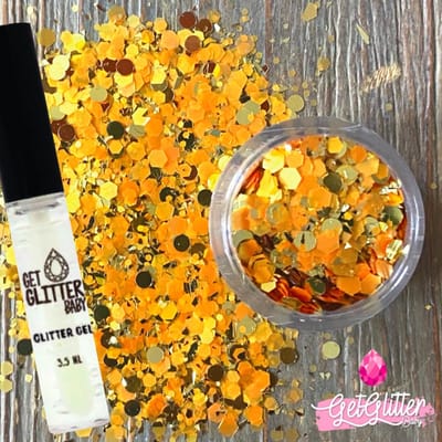 GetGlitterBaby® - Biologische / Biologisch afbreekbare Oranje / Gouden Chunky Festival Glitters voor Lichaam en Gezicht Jewels / Koningsdag Oranje versiering Voetbal / Biodegradable Face Body Glittergel - Goud en Glitter Gel HuidLijm