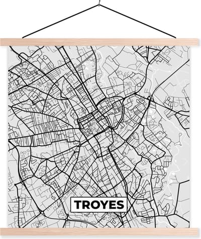 Posterhanger incl. Poster 40x40 cm - Schoolplaat - Kaart - Stadskaart - Troyes - Plattegrond - Frankrijk - Textielposter - Blanke latten - Stadskaart