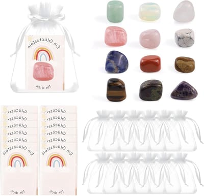 Kleurrijke kabouterstenen voor kinderen, geluksstenen met wenskaart en organza zakje, perfect cadeau voor adventskalender en speciale gelegenheden