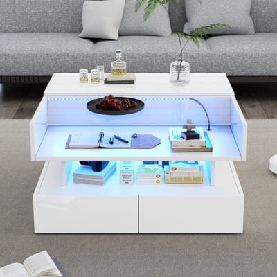DESMIU Salontafel – Hoogglans Hefbaar Met LED En Verborgen Opbergruimte – Voor Woonkamer En Thuiswerkplek – Wit – 80 x 80 x 45 Cm
