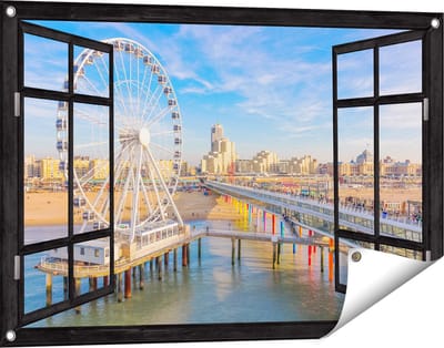 Gards Tuinposter Doorkijk Scheveningen Pier met de Ferris Wheel - Reuzenrad - 90x60 cm - Tuindoek - Tuindecoratie - Wanddecoratie buiten - Tuinschilderij