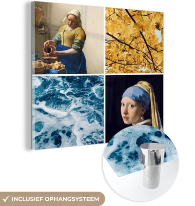 MuchoWow® Glasschilderij 50x50 cm - Schilderij acrylglas - Melkmeisje - Meisje met de parel - Collage - Foto op glas - Schilderijen