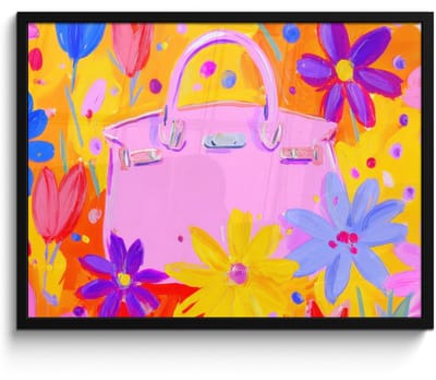 Poster in lijst - Fotolijst 80x60 cm - Posters - Tas - Roze - Bloemen - Posterlijst zwart - Decoratie - Wanddecoratie woonkamer - Muurdecoratie slaapkamer