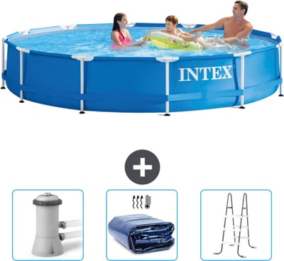 Intex Rond Frame Zwembad - 366 x 76 cm - Blauw - Inclusief Zwembadfilterpomp - Solarzeil - Ladder
