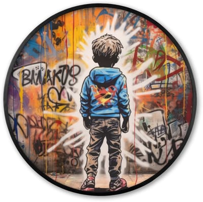 Poster in lijst Rond - Fotolijst 60x60 cm - Posters - Graffiti - Jongen - Kleuren - Street Art - Ronde posterlijst zwart - Decoratie - Wanddecoratie woonkamer - Muurdecoratie slaapkamer