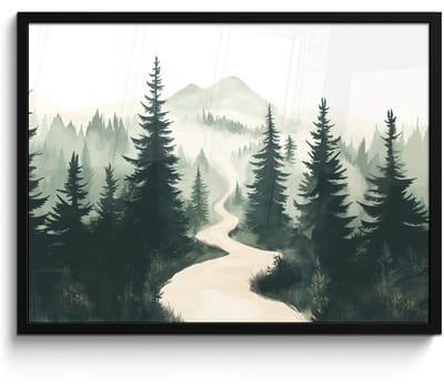 Poster in lijst - Fotolijst 70x50 cm - Posters - Pad - Bomen - Bos - Illustratie - Posterlijst zwart - Decoratie - Wanddecoratie woonkamer - Muurdecoratie slaapkamer