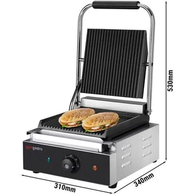 GGM Gastro Kontaktgrill / Hamburger Grill - 1,8 kW - oben & unten Gerillt - Grillfläche: 235x225mm Zilver / Zwart