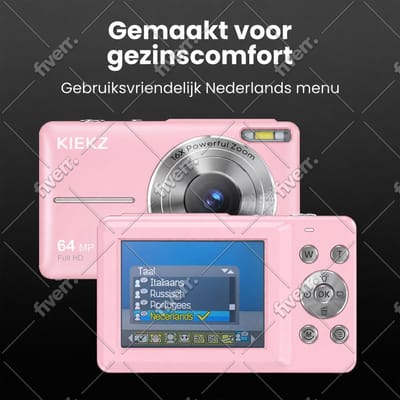 Kiekz Digitale Camera 64MP - Fotocamera Full HD - Mini Camera - Compact Camera - Fototoestel - Autofocus - Ideaal voor Kinderen en Beginners - Inclusief 32GB SD Kaart - Roze