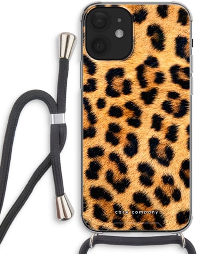 Case Company® - Hoesje met koord geschikt voor iPhone 12 hoesje met Koord - Luipaard - Telefoonhoesje met Zwart Koord - Bescherming aan alle Kanten en Over de Schermrand