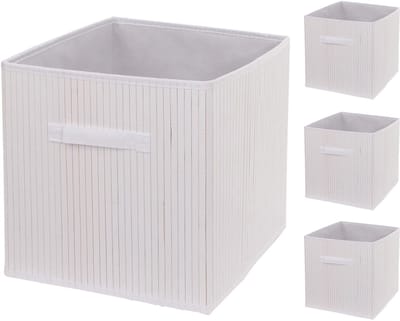 Set van 4 vouwdozen MCW-C21, opbergmand organisatiedoos sorteerdoos opbergdoos, bamboe 32x32x32cm ~ wit