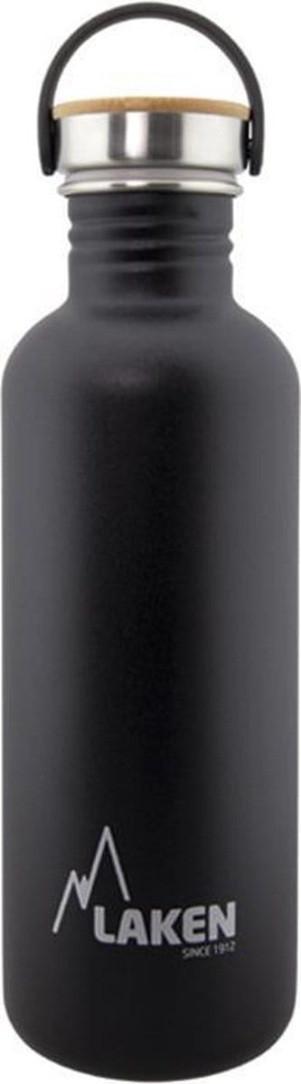 RVS fles 1L Basic Steel Bottle Zwart - Bamboo Cap - Laken - roestvrij staal - waterfles - drinkfles