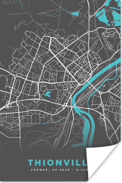 Poster Plattegrond - Kaart - Stadskaart - Frankrijk - Thionville - 120x180 cm XXL