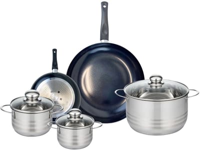 Set van 2 Koekenpannen 20 en 32 cm en 3 kookpotten 14, 16 en 24 cm Elo Prima Glanzend