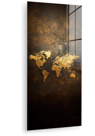 MuchoWow® Glasschilderij 40x80 cm - Schilderij acrylglas - Wereldkaart - Goud - Roest - Foto op glas - Muurdecoratie woonkamer - Wanddecoratie slaapkamer - Schilderijen