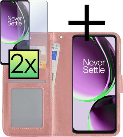 Hoesje - Met 2x Screenprotector - Geschikt voor OnePlus Nord CE 3 Lite - Luxe Pasjeshouder - Bookcase Portemonee - Flip Case - Kunstleer Book Case - Flipcase Hoes - Book Cover - Walletcase - Portemonneehoes - Rosé goud