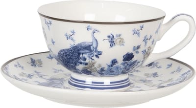Clayre & Eef Kop en schotel 200 ml Blauw Porselein Rond Bloemen Servies Cadeau voor haar Cappuccino