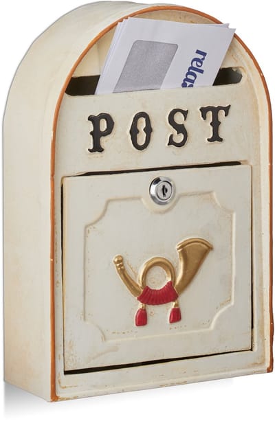 Antieke posthoorn brievenbus Western vintage stijl metaal beige- 30 x 20 x 8 cm- wandbrievenbus