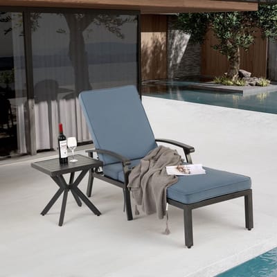 BLACKCOLORS Terrasligstoel met katoenen kussen, verstelbare ligstoel voor bij het zwembad van roestvrij aluminium, waterdicht blauw kussen (1 stuk)