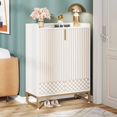 DHN Witte schoenenkast met deuren - 5-laags Schoenenrek - Moderne schoenenkast - Wit met Goud - Houten Opbergkast - Woonkamer kast