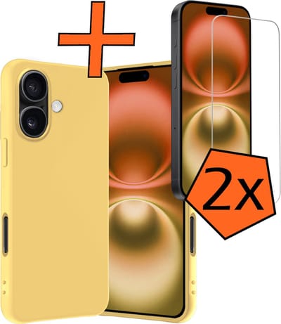 Hoes - Met 2x Screenprotector - Geschikt voor Apple iPhone 16 - Sterk & Shockproof - Back Cover - Siliconen Case - Telefoon Hoes - Geel