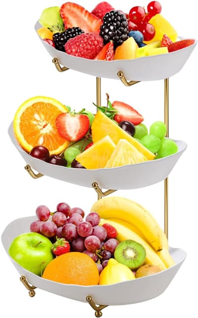 ZRSS® Luxe Fruitschaal Etagere - Fruitmand 3-Laags - Goudkleurig Metaal - Witte Kunststof Bakjes