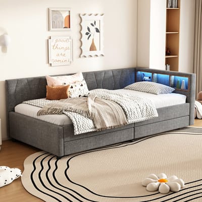 DESMIU Dagbed 90 x 200 cm – Dagbed Met LED-Sfeerverlichting, USB En Type C – Hoofdbord Met Opbergvakken En 2 Lades – Voor Slaapkamer En Jeugdkamer – Linnenlook – Grijs – Zonder Matras