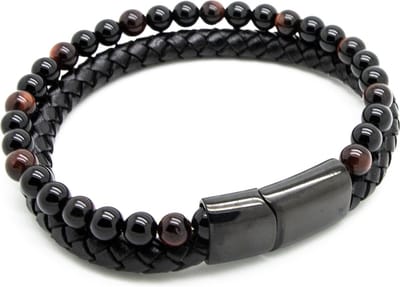 Sorprese armband - Exclusive - armband heren - Zwart Leer en Rode Natuurstenen - 20,5 cm - zwarte sluiting - cadeau - Model N