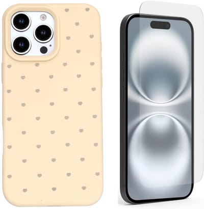 Hoesje en Glas Geschikt voor iPhone 15 Pro - Geel - Casemania Stevige Siliconen Back Cover met Hartjes Print - 1x Glazen Screenprotector