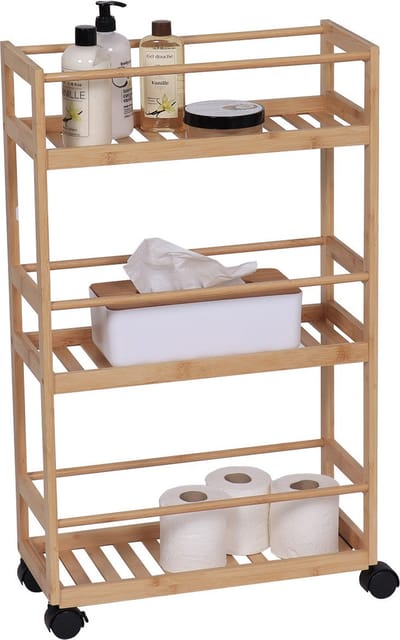 Tendance Keuken/badkamer trolley 3 laags - 45 x 20 x 75 cm - naturel - bamboe hout - met wielen - opberg mandjes/bakjes