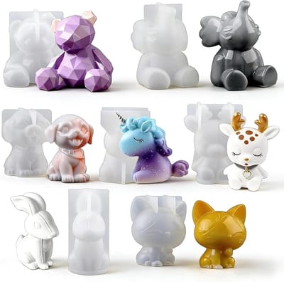 SnelShoppen - Silicone Mould Animal Set - 3D Dieren Siliconen Mallen voor Unicorn, Konijn, Beer, Hert, Olifant, Hond, Kitten - Epoxy Resin Molds voor