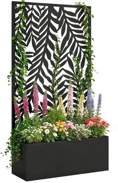 Plantenbak met klimrek - Bloembak - Weerbestendig - Met trellis - Buiten - Metaal - Plantenrek - Zwart