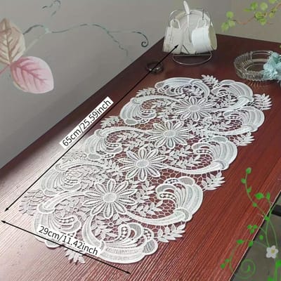 Elegante Witte Fluweel Kant Ovalen Tafelkleed Tafelmat - Tafelkleed van polyester met bloemenpatroon, geschikt voor catering, koffie en huisdecoratie, perfect