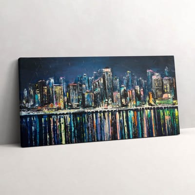 Wallfluent Foto Op Canvas Land van Bloemen - een fantasiestadje aan zee - 100 x 50 cm - Blauw Schilderij Op Canvas - Steden Foto Canvas - Imitatie van een olieverfschilderij Print Op Doek - Steden Schilderij Canvas