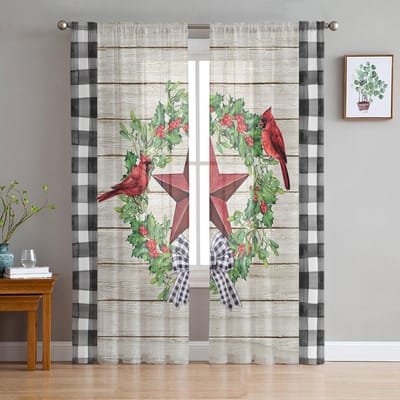Kerstbessen Kardinalen Houtnerf Transparante Gordijnen Voor Kinder Slaapkamer Woonkamer Voile Gordijnen Kerstmis Keuken Tule Gordijn 135W x 114H(cm) gray