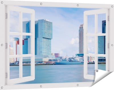 Gards Tuinposter Doorkijk Rotterdamse Skyline aan het Water - 120x80 cm - Tuindoek - Tuindecoratie - Wanddecoratie buiten - Tuinschilderij