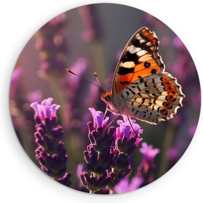 Saammp Muurcirkel Hout -Vlinder op lavendel bloem - Dieren - Ø 90 - Wandcirkel - Wanddecoratie Cirkel - muurdecoratie Woonkamer - Slaapkamer decoratie - Rond Schilderij