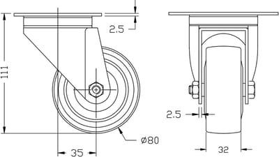 80 mm (3 inch) zwenkwiel met grijze rubberen band, zeer stevig, draagvermogen 160 kg, set van 2